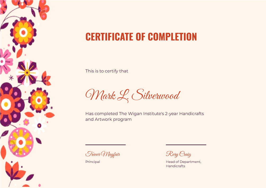 Mark L. Silverwood Handicrafts Certificate of Completion